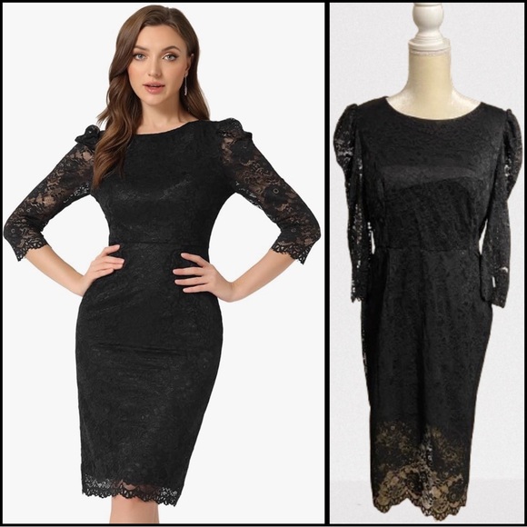 NWT Allegra K Elegant Lace Dress 3/4 Sleeve Cocktail Bodycon Dress Size XL Black - Picture 1 of 8